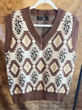 Lucky Brand Brown & Cream Aztec Knit V-Neck Sweater Vest